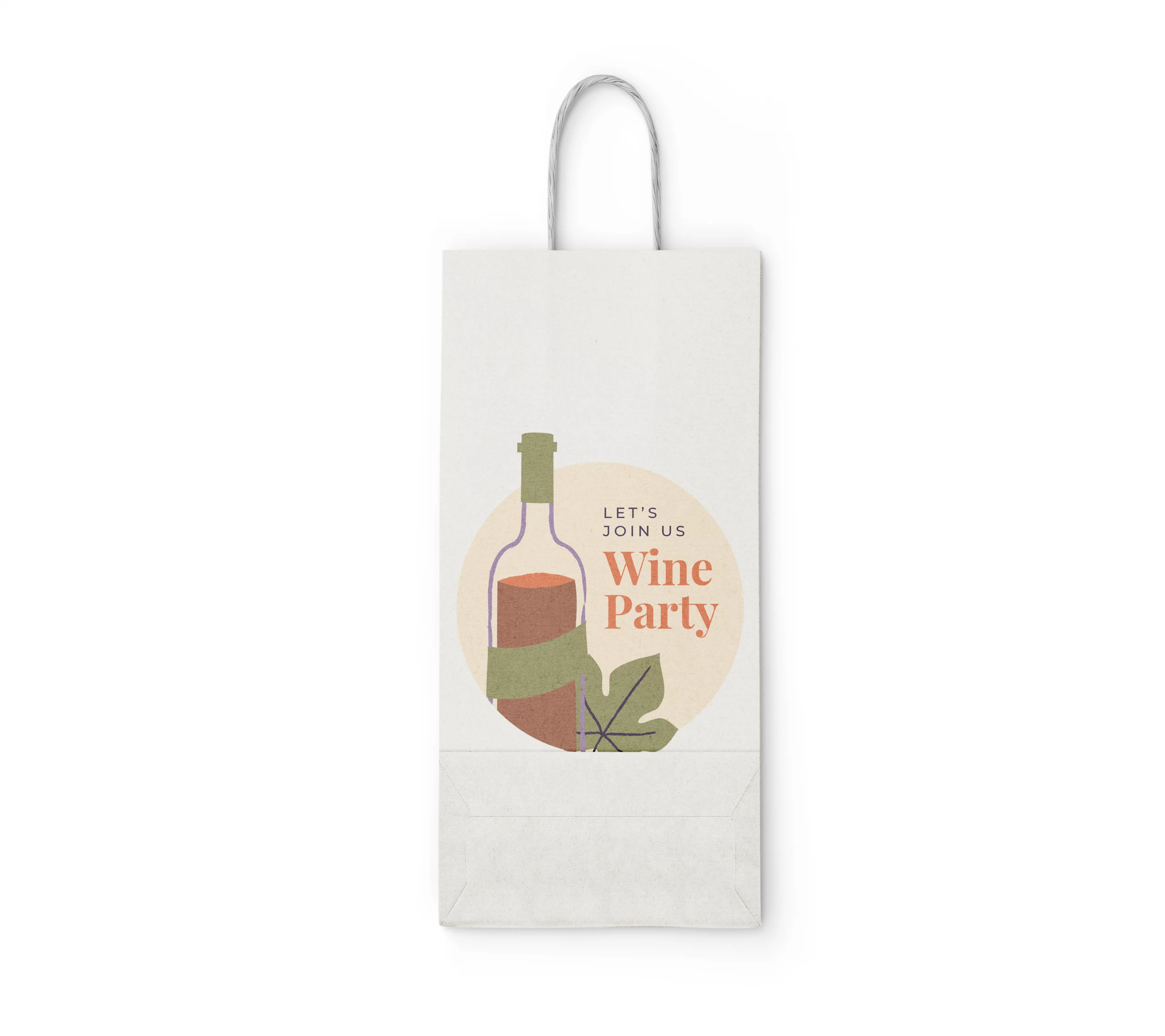 Bolsa de papel blanca con asa rizada de vino impresa a color.